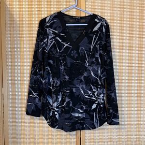 Picadilly Canada Womens Black Grey Floral Burnout V-Neck Long Sleeve Top L Goth